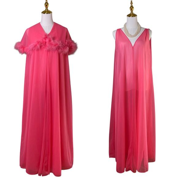 Vintage 60s Pink Nylon Sheer Chiffon Feather Trim Negligee Peignoir Set Size S